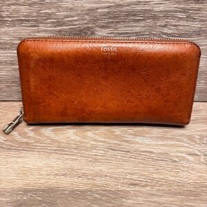 Fossil Sydney Zip Around Cowhide‎ Brown Leather Wallet Card Slots Zipper Pocket